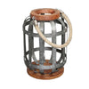 Benzara Wooden Base Bellied Shape Industrial Hanging Galvanized Lantern with Rope Handle, Gray