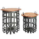 Benzara Industrial Grid Galvanized Accent End Table with Round Lid and Handles, Set of 2, Gray and Brown