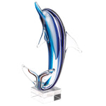 Badash J578 Murano Style Art Glass 14" Tall Blue Dolphin On Clear Base