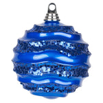 Vickerman M132002 6" Blue Stripe Candy Finish Wave Ball Christmas Ornament With Glitter Accents