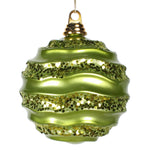 Vickerman M1320LM 6" Lime Stripe Candy Finish Wave Ball Christmas Ornament With Matching Glitter Accents