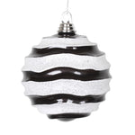 Vickerman M132077 6" Black And White Stripe Candy Finish Wave Ball Christmas Ornament With Glitter Accents