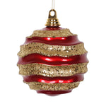 Vickerman M132086 6" Red And Gold Stripe Candy Finish Wave Ball Christmas Ornament With Glitter Accents