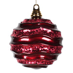 Vickerman M132165 8" Burgundy Stripe Candy Finish Wave Ball Christmas Ornament With Glitter Accents