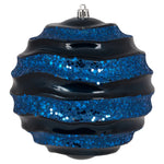 Vickerman M132131 8" Midnight Blue Stripe Candy Finish Wave Ball Christmas Ornament With Glitter Accents