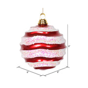 Vickerman M132173 8' Red And White Stripe Candy Finish Wave Ball Christmas Ornament With Glitter Accents