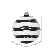 Vickerman M132177 8' Black And White Stripe Candy Finish Wave Ball Christmas Ornament With Glitter Accents
