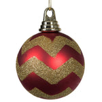 Vickerman M143386 4" Red And Gold Matte Chevron Ball Christmas Ornament With Glitter Accents 4 Per Box