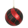 Vickerman N171604D 4.75" Red And Black Swirl Plaid Ball Ornament With Drilled And Wired Caps. Comes 4 Per Box.