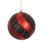 Vickerman N171606D 6" Red And Black Swirl Plaid Ball Ornament With Drilled And Wired Caps. Comes 2 Per Box.