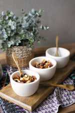 Kalalou NART1136 Three White Stone Serving Bowls W Mango Wood Spoons & Base