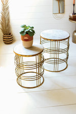 Kalalou NMG1022 Round Marble Top Side Tables with Rustic Gold Metal Bases