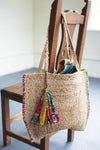 Kalalou NRV2152 Braided Jute Beach Bag Kantha Stitching