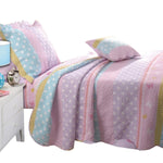 Benzara Nestos Fabric 3 Piece Queen Quilt Set with Polka Dots and Stripes Pattern, Pink