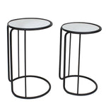 Benzara Round Mirror Top Accent Tables with Tubular Frame, Set of 2, Black