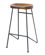 The Urban Port Mango Wood Saddle Seat Bar Stool With Iron Rod Legs, Brown and Black