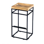 The Urban Port Square Mango Wood Bar Stool With Iron Base and Footrest, Brown and Black