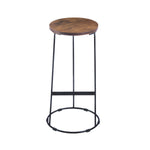 The Urban Port Round Iron Base Bar Stool With Acacia Wood Seat, Brown and Black