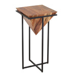 The Urban Port 30 Inch Pyramid Shape Wooden Side Table With Cross Metal Base, Brown and Black