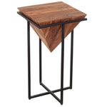 The Urban Port 26 Inch Pyramid Shape Wooden Side Table With Cross Metal Base, Brown and Black