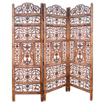 The Urban Port Handcrafted 3 Panel Mango Wood Screen with Cutout Filigree Carvings, Brown