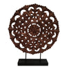 The Urban Port Intricately Carved Round Wooden Wheel Sculpture on Rectangular Stand, Rustic Brown, Large