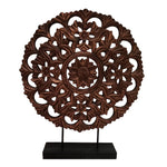 The Urban Port Intricately Carved Round Wooden Wheel Sculpture on Rectangular Stand, Rustic Brown, Large