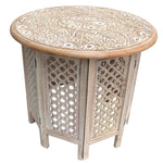 The Urban Port UPT-209568 Mesh Cut Out Carved Mango Wood Octagonal Folding Table with Round Top, Antique White and Brown