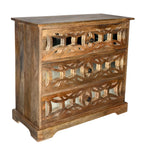 The Urban Port 3 Drawer Mango Wood Console Storage Cabinet with Lattice Design Mirror Front, Brown