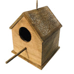 The Urban Port Hut Shape Decorative Mango Wood Hanging Bird House with Engraved Details, Distressed Brown