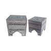 The Urban Port Intricately Carved Square Mango Wood Stool with Cutout sides, Set of 2, Washed White