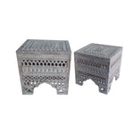 The Urban Port Intricately Carved Square Mango Wood Stool with Cutout sides, Set of 2, Washed White