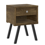 The Urban Port 25 Inch Wooden End Side Table Nightstand with Drawer & Splayed Legs, Rustic Brown