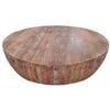 The Urban Port Handcarved Drum Shape Round Top Mango Wood Distressed Wooden Coffee Table, Brown