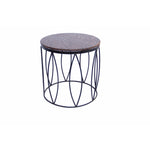 The Urban Port Round Iron Framed Side or End Table with Textured Real Marble Top, Brown and Black