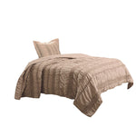 Benzara Ural 2 Piece Microfiber Twin Quilt Set with Ruffles and Ruching Details, Beige