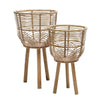 Benzara Wicker Planters with Lattice Weave and Angled Wooden Legs, Set of 2, Brown