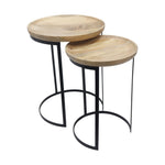 Benzara Wooden Round Top Side Table with Metal Tubular Frame, Set of 2, Black