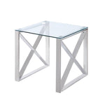 Benzara Glass Top Square End Table with X shaped Sled Base, Chrome and Clear