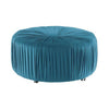 Benzara Round Shaped Pleated Fabric Upholstered Ottoman with Casters, Blue