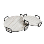 Benzara Plank Top Round Wooden Trays with Metal Handles, Set of 2,Distressed White