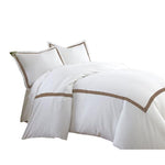 Benzara Larvik 3 Piece Cotton Queen Duvet Set with Satin Band, Brown and White