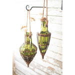 Kalalou CLAN1052  Hanging Green Glass & Wicker Wrapped Bud Vases Set of 2