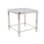 Benzara Modern Metal Square End Table with Tempered Glass Top, Silver and Clear