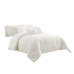 Benzara 7 Piece Cotton Queen Comforter Set with Fringe Details, White