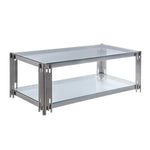 Benzara Glass Top Cocktail Table with Pipe Design Tubular Base, Chrome and Clear