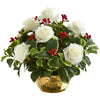 Nearly Natural A1069 15" Artificial Green & White Rose & Variegated Holly Leaf Arrangement in Gold Bowl