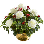 Nearly Natural A1069 15" Artificial Green & White Rose & Variegated Holly Leaf Arrangement in Gold Bowl