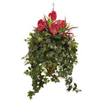 Nearly Natural 6911 41" Artificial Green & Red Mixed Anthurium in Hanging Basket