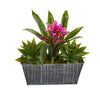 Nearly Natural 11`` Bromeliad and Agave Artificial Plant in Embossed Tin Planter